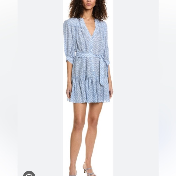 Sandro Blue Emilion Heart Graphic Ruffle Silk Linen Dress size 40 - Picture 1 of 13